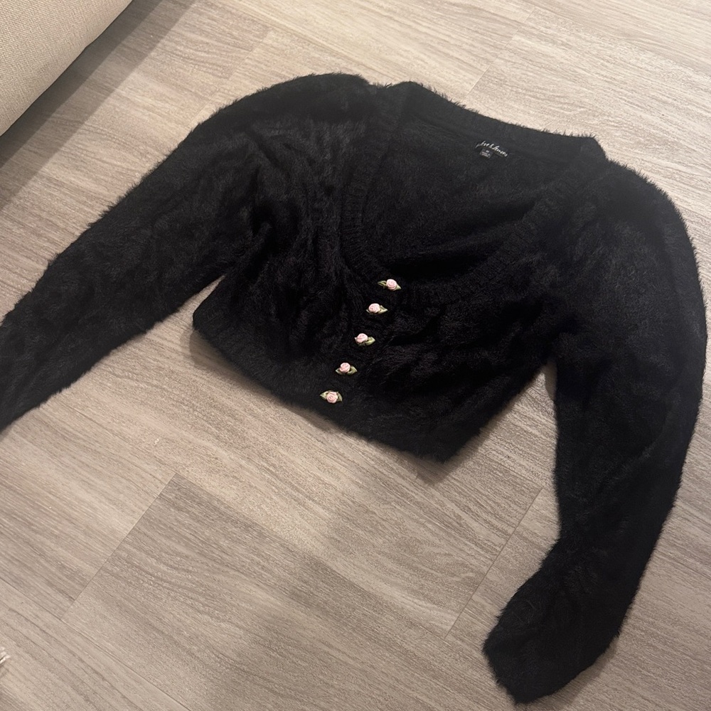 For Love and Lemons Rosette Buttons Black Fuzzy Cropped Cardigan